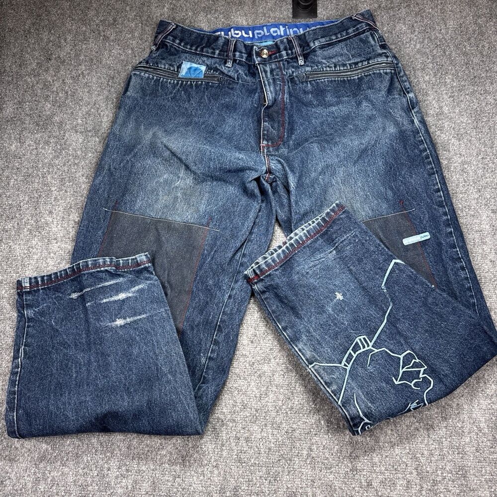 Vintage FUBU Platinum Jeans Mens Dark Wash Fat Albert Embroided Baggy Y2K